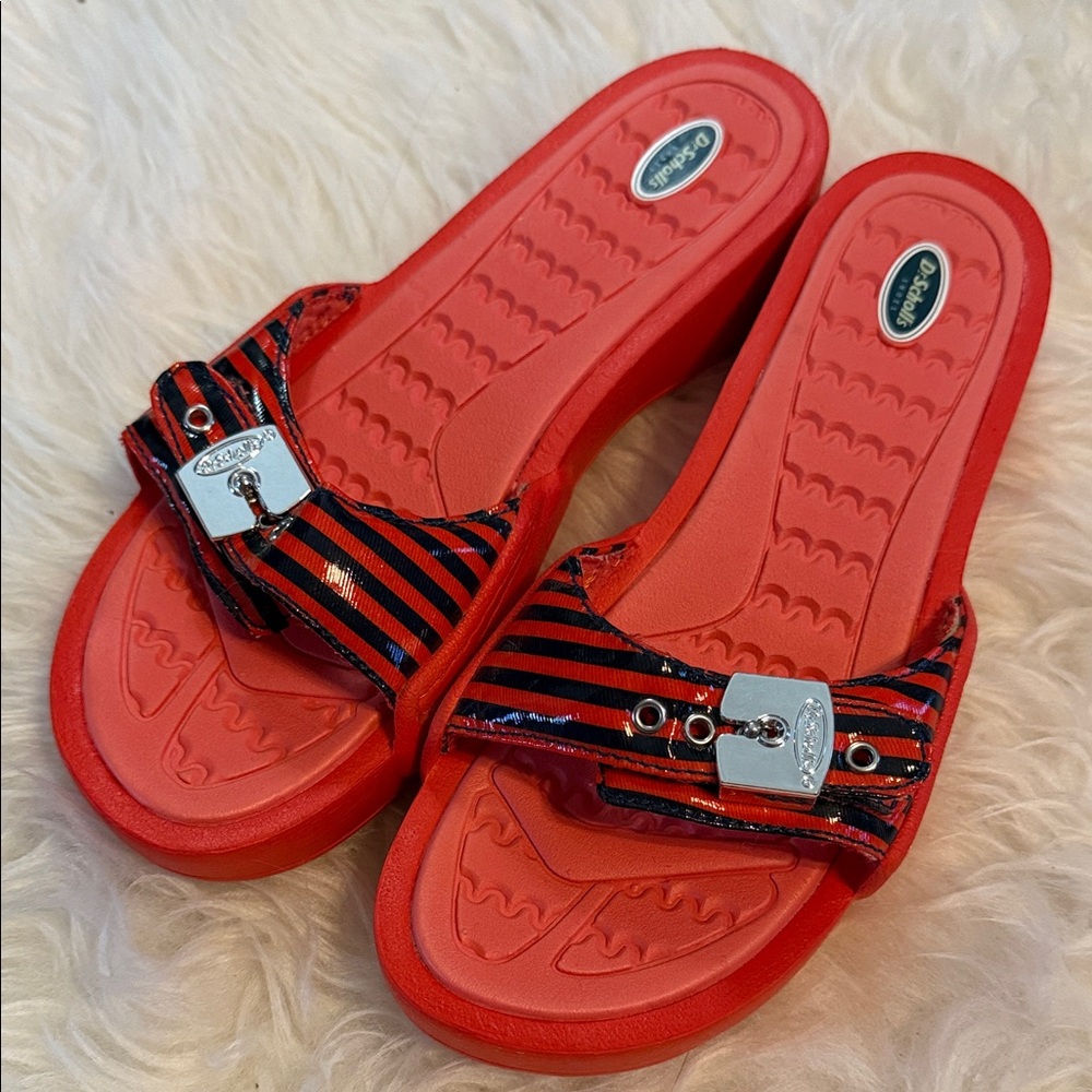 Dr. Scholl's Red and Black Striped Slide Sandals